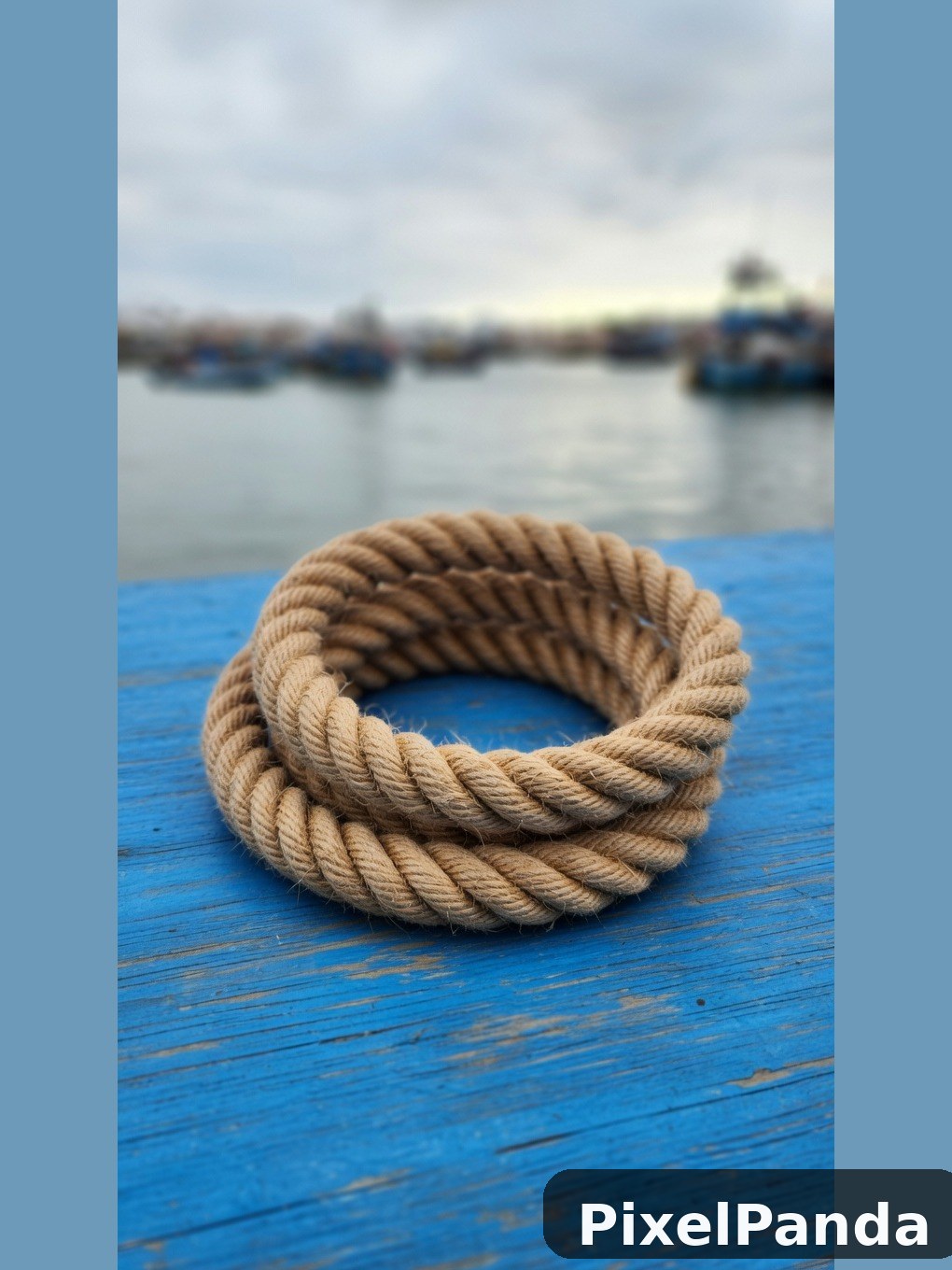 Coiled jute rope on blue wooden dock overlooking harbor