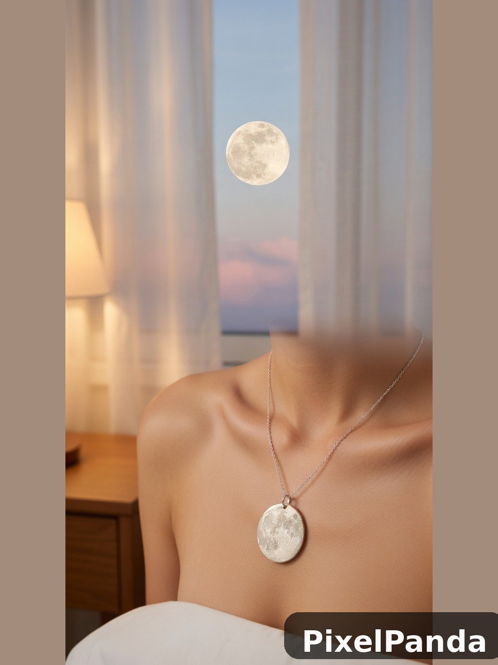 Person wearing moon pendant necklace gazing at full moon through sheer curtains
