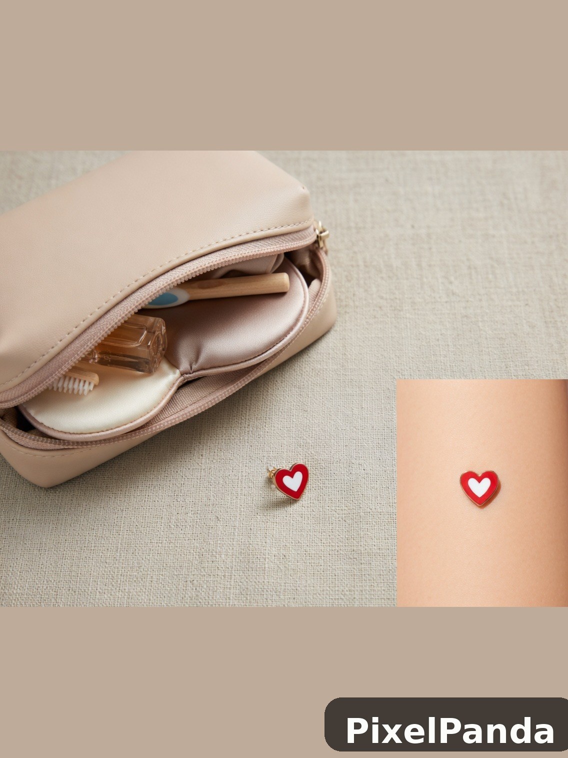 Pale pink cosmetic pouch with toiletries and red heart charm