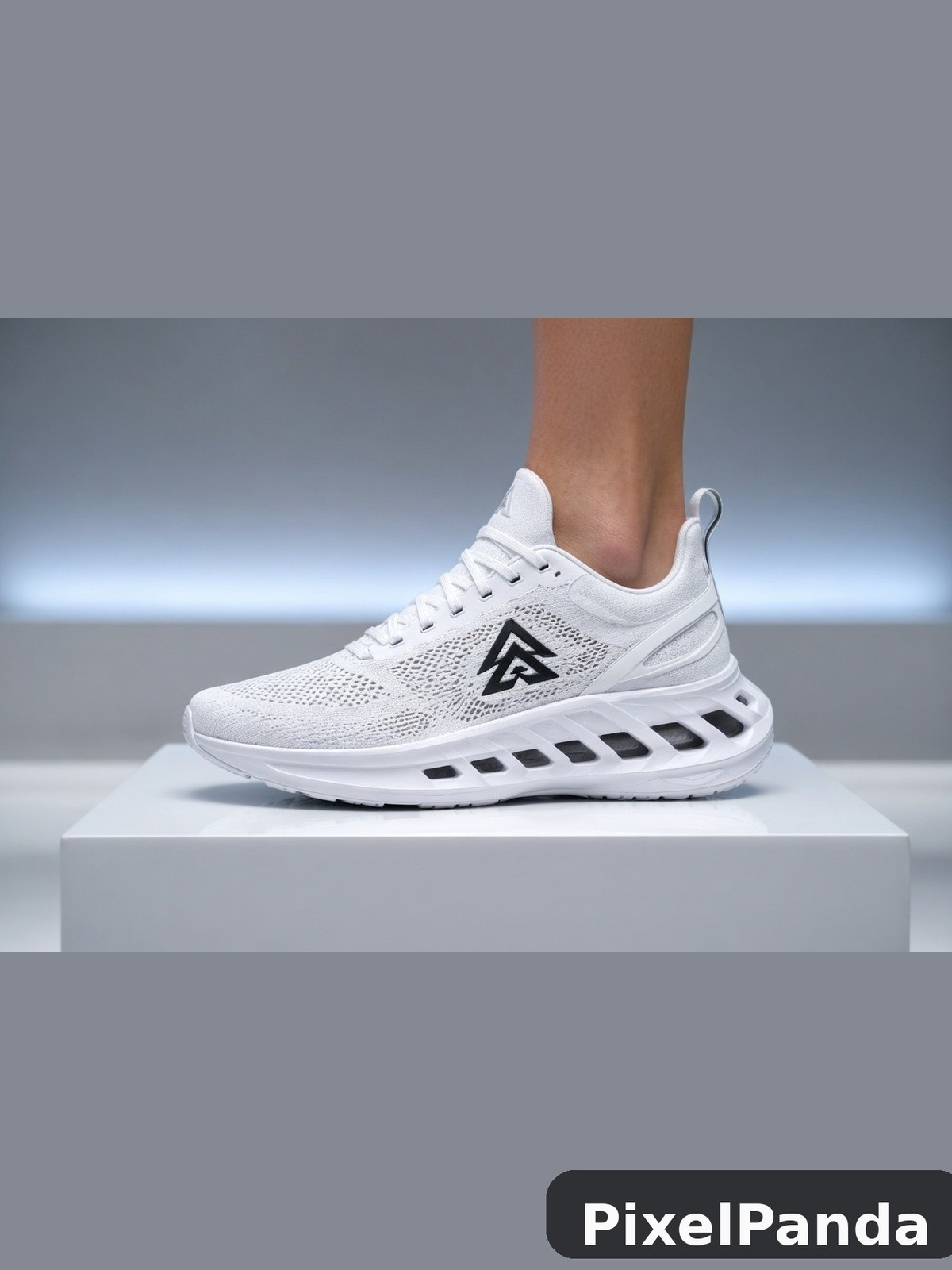White mesh sneaker with black accent stripes on white display block