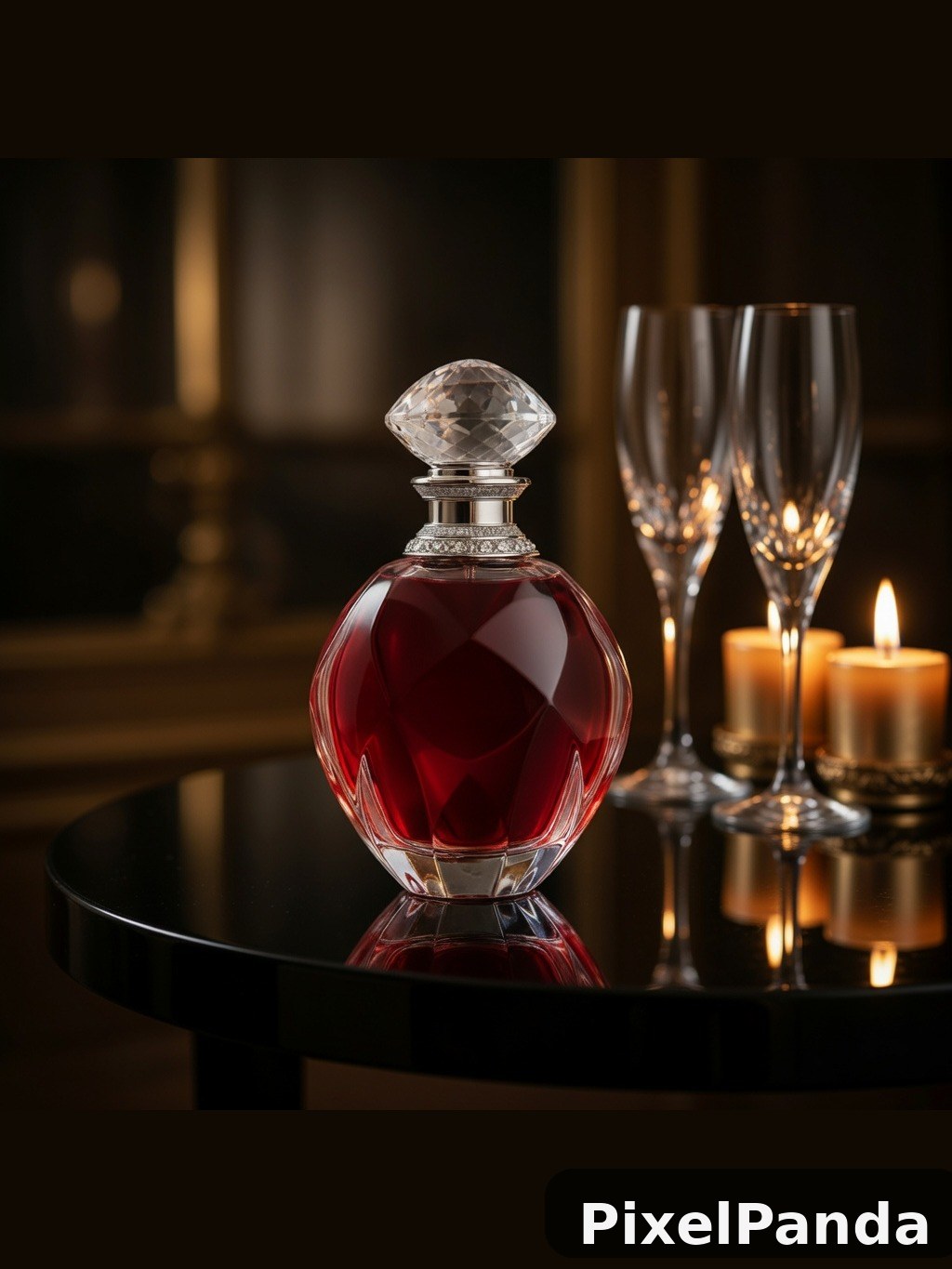 Ruby red perfume bottle with crystal stopper on black table