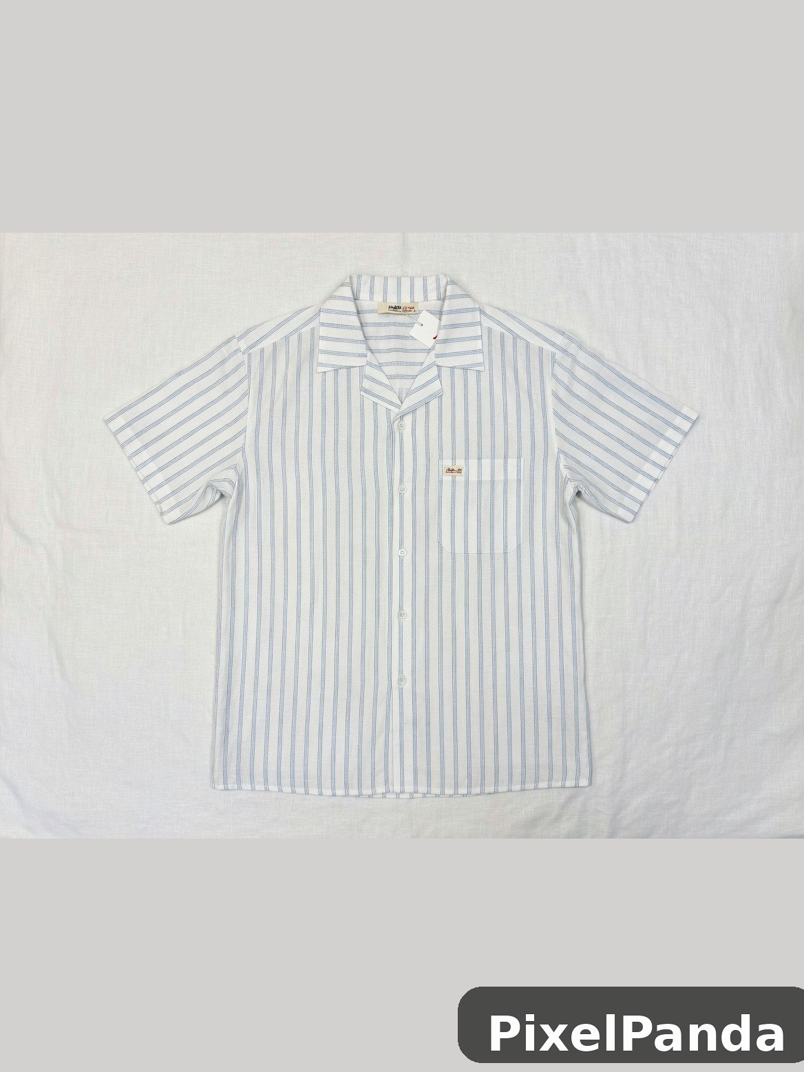 Light blue and white striped short-sleeve button-up shirt