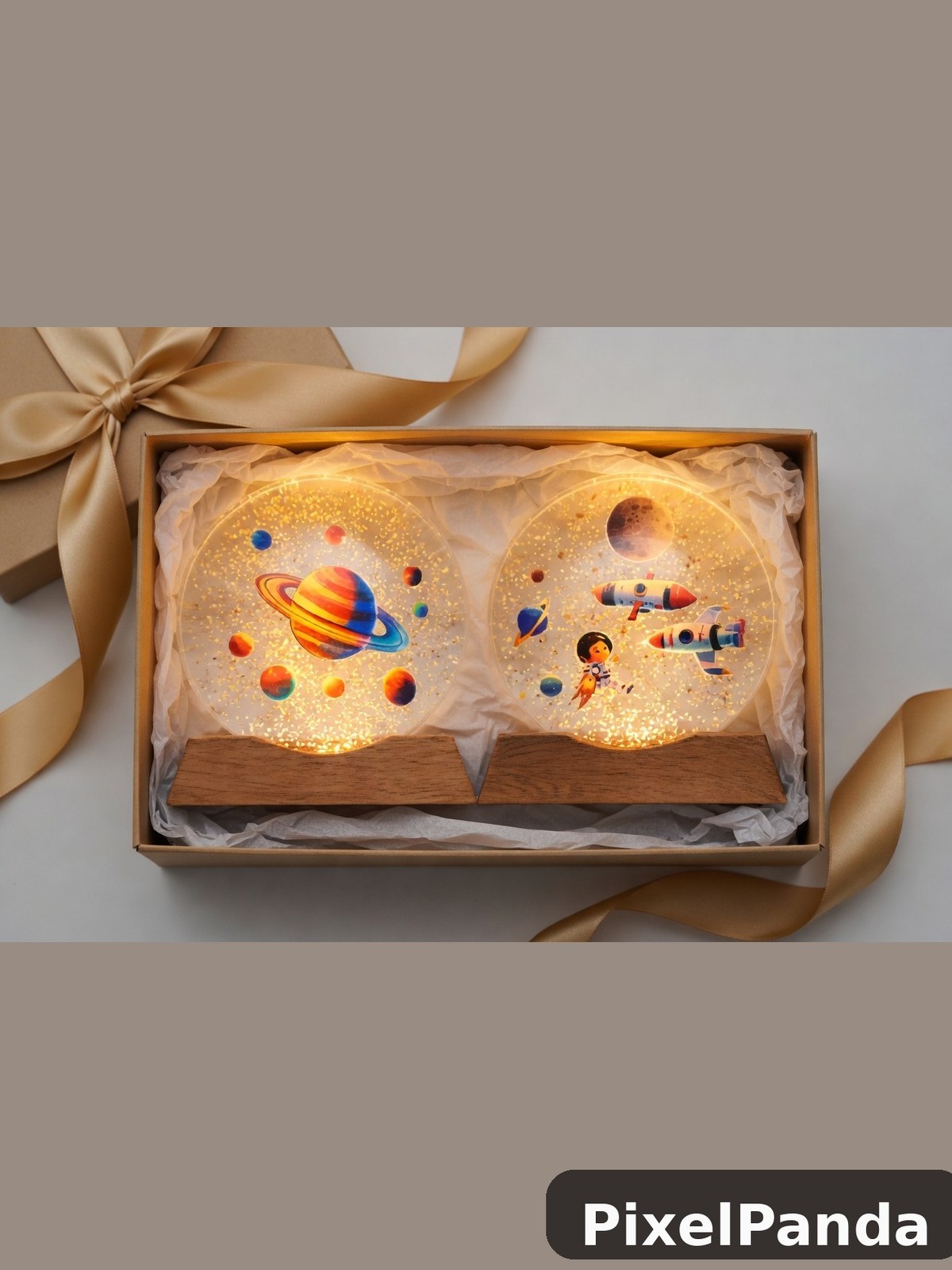 Pair of glowing globe lamps with space theme illustrations in gift box
