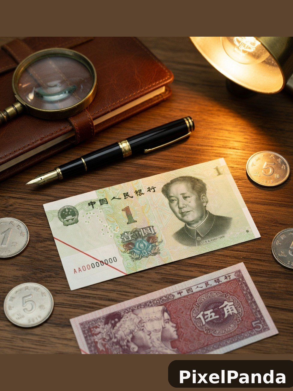 Chinese yuan banknotes and coins arranged on wooden desk