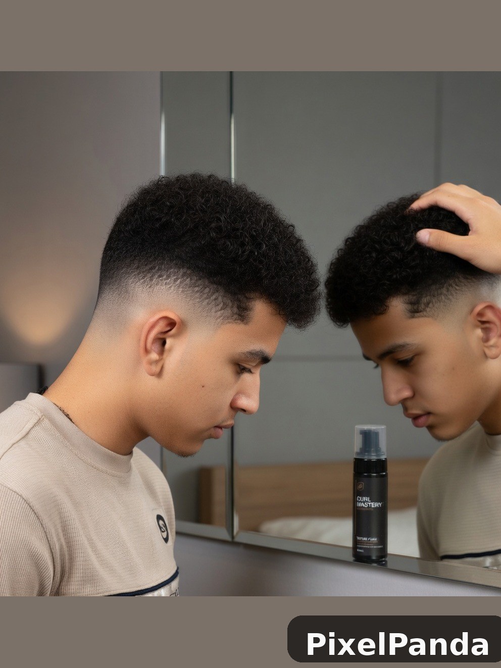 Person examining textured hair product in bathroom mirror reflection