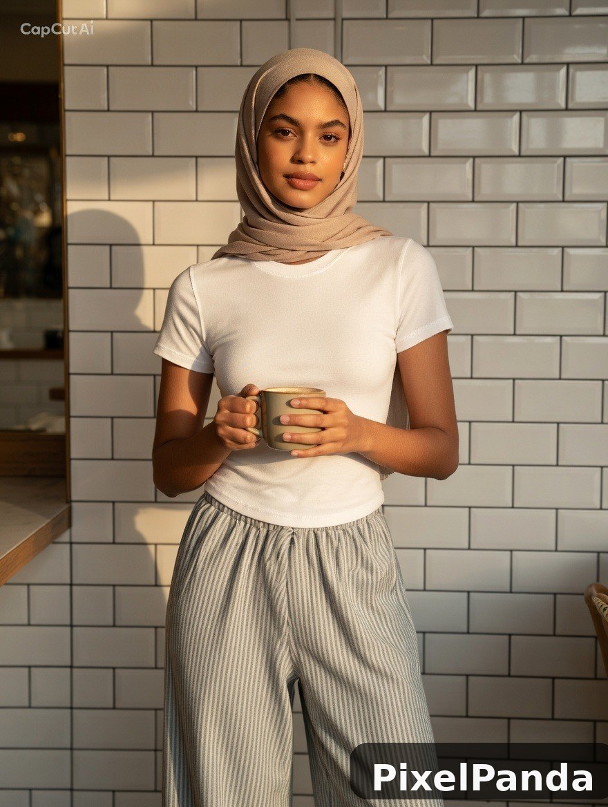 Person in beige hijab and white tee holding mug by subway tile wall