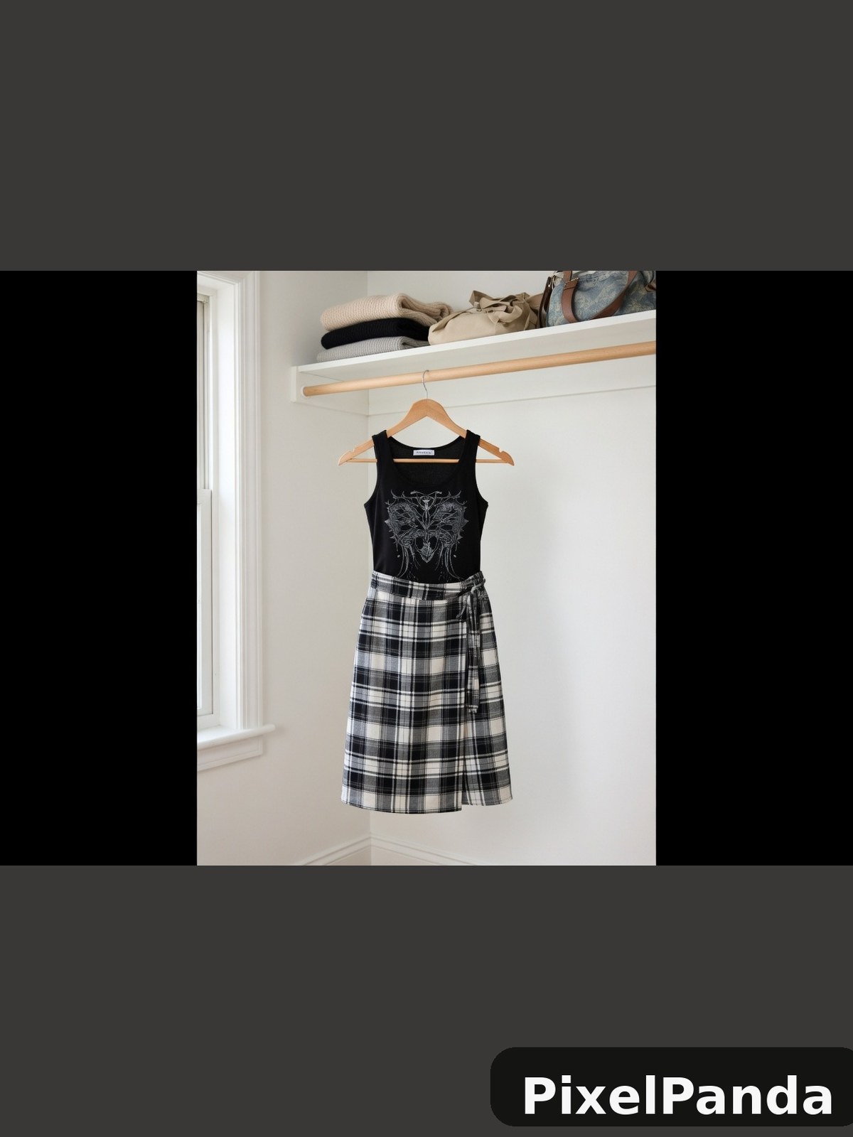 Black sleeveless top with graphic print and plaid skirt on hanger