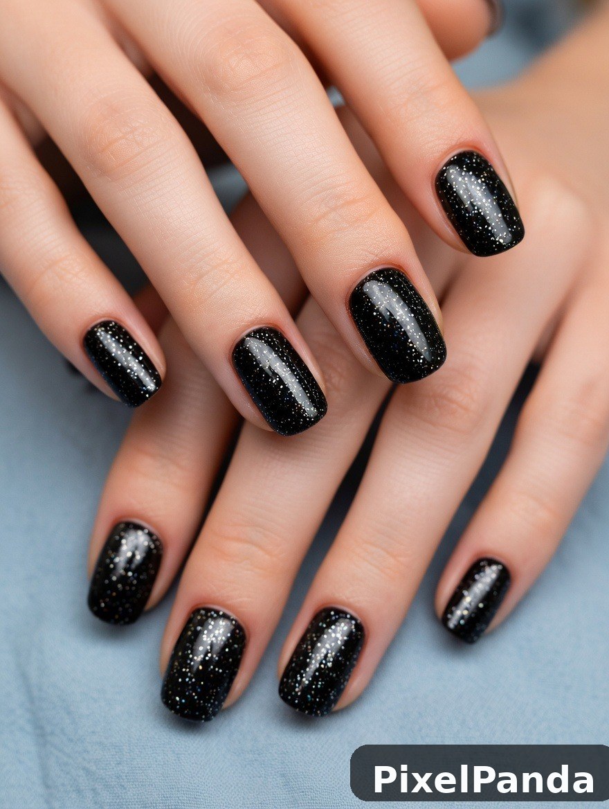 Black glitter nail polish with silver sparkle accents