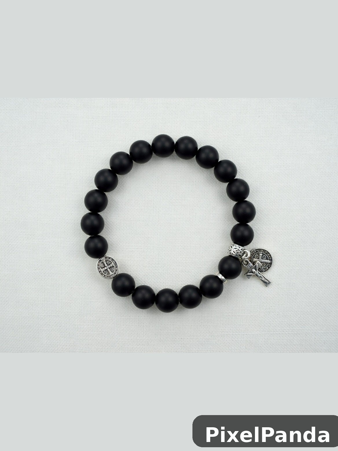 Black beaded bracelet with silver medal and key charms