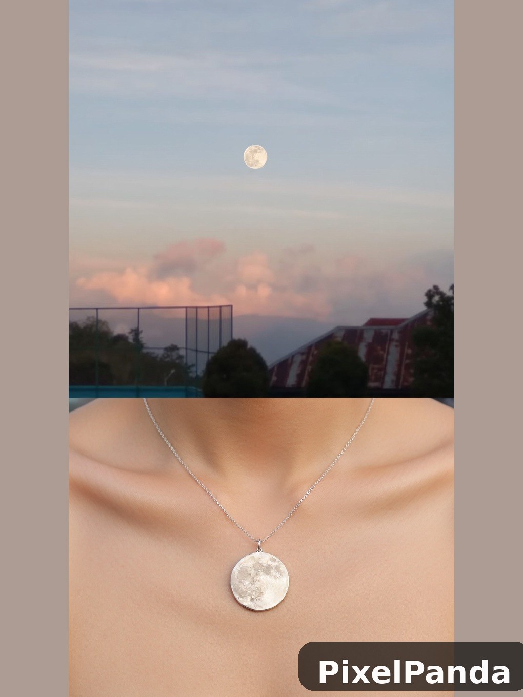 Silver moon pendant necklace worn at dusk with full moon in sky