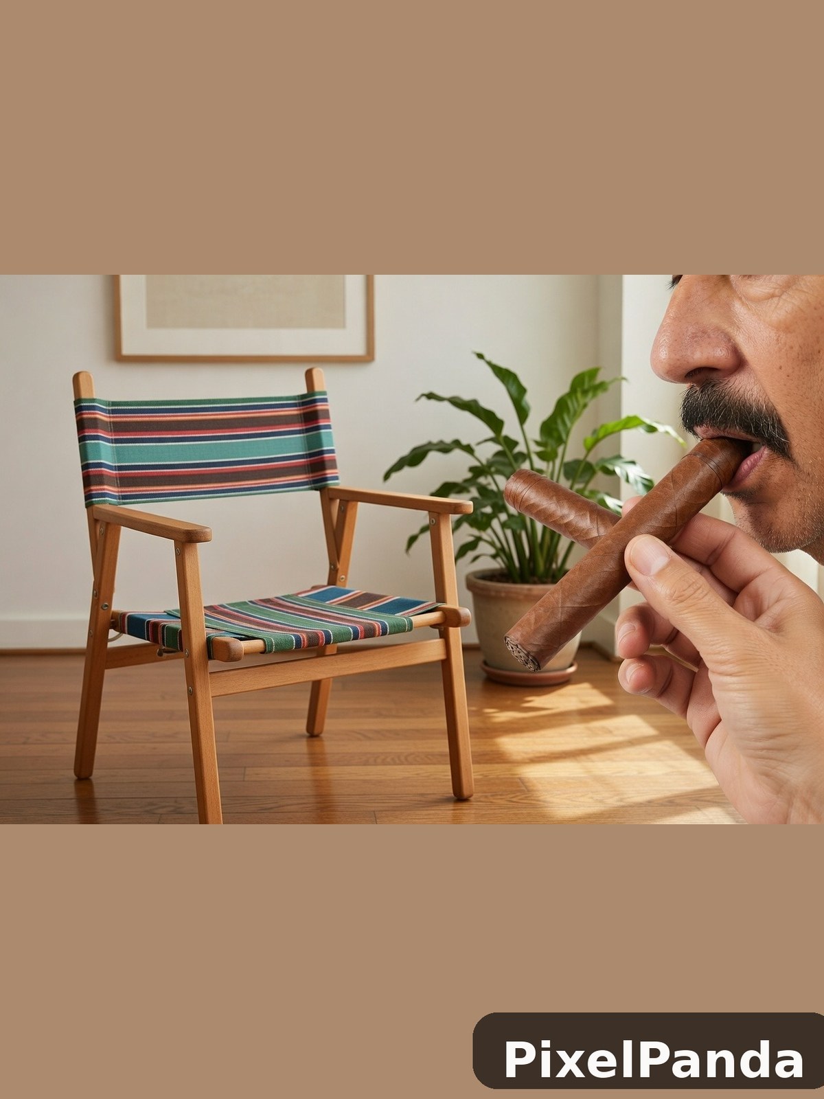 Man with dark beard smoking cigar in mid-century modern chair