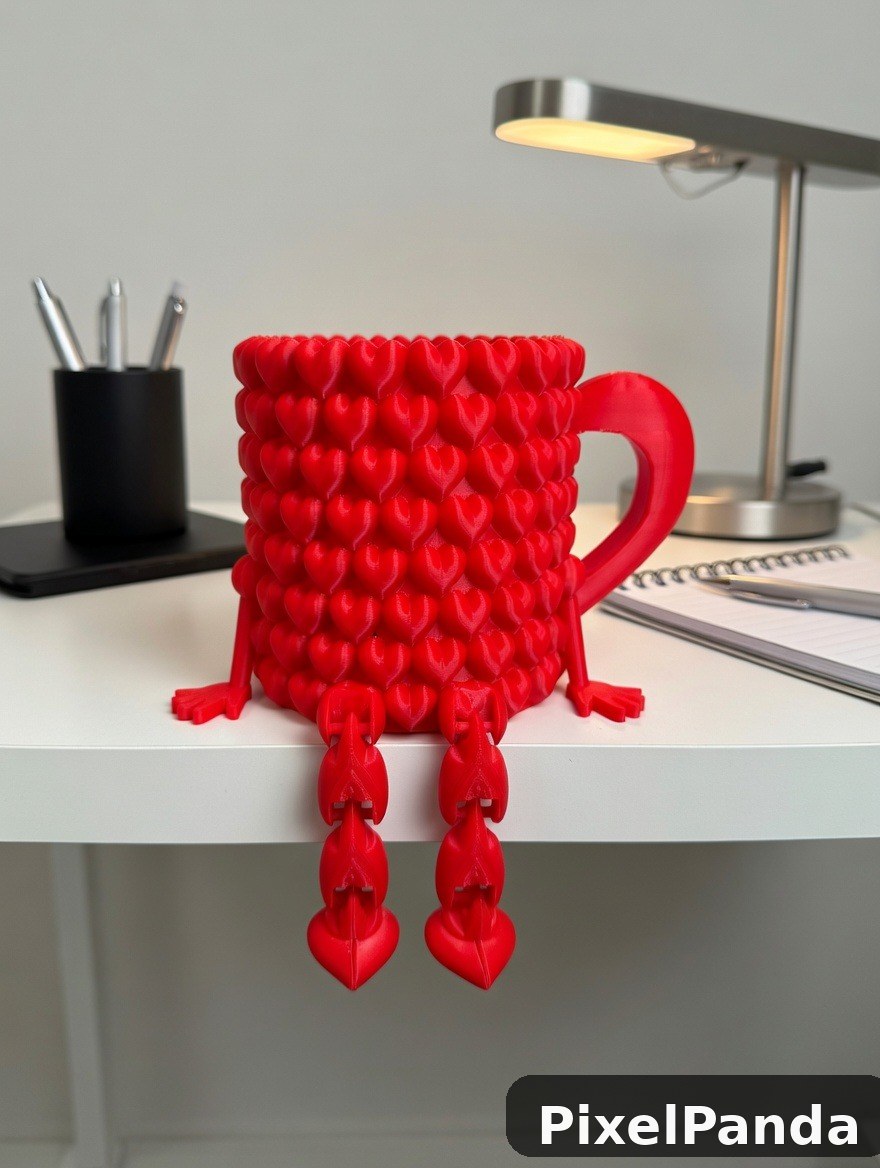 Red heart-textured mug with legs on minimalist desk