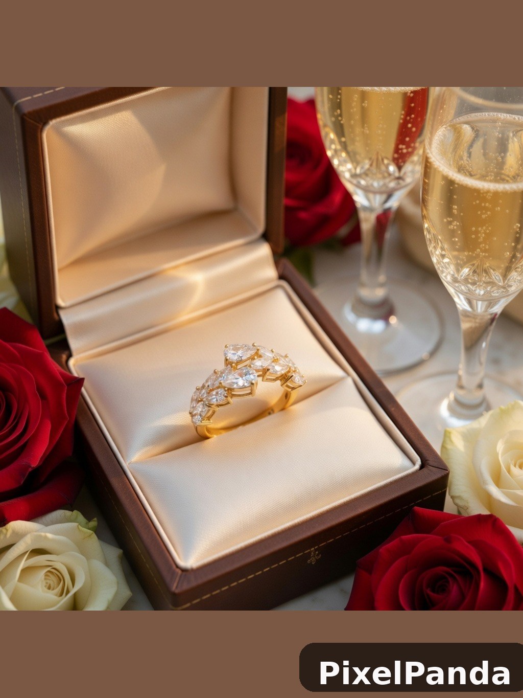Gold diamond ring in brown velvet box with champagne and roses
