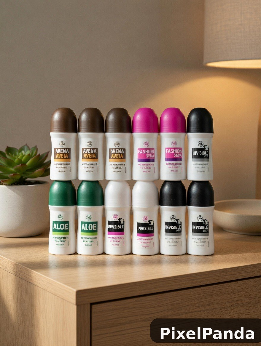Twelve deodorant roll-on bottles arranged in two rows on wooden surface