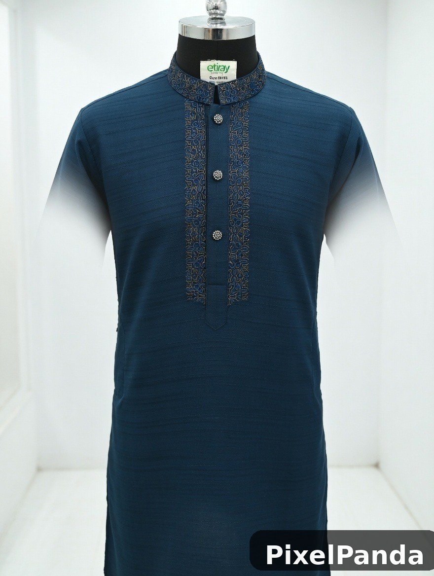 Navy blue kurta with embroidered placket and collar detail
