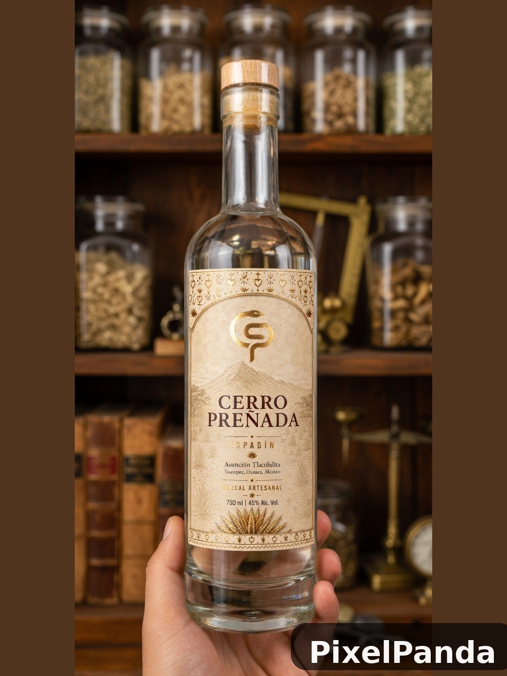 Cerro Prenada mezcal bottle held in hand with shelved jars