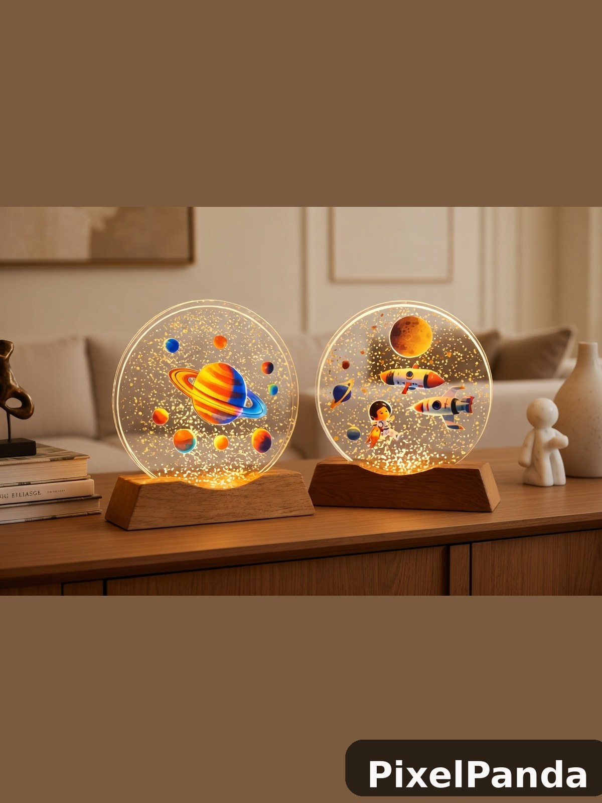 Two illuminated globe lamps with space themes on wooden desk