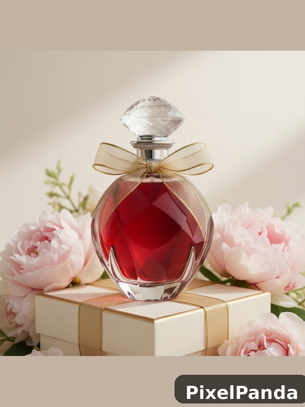 Red perfume bottle with crystal stopper and gold ribbon bow