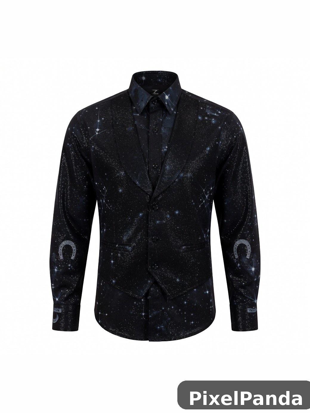 Black galaxy print button-up shirt with constellation embroidery