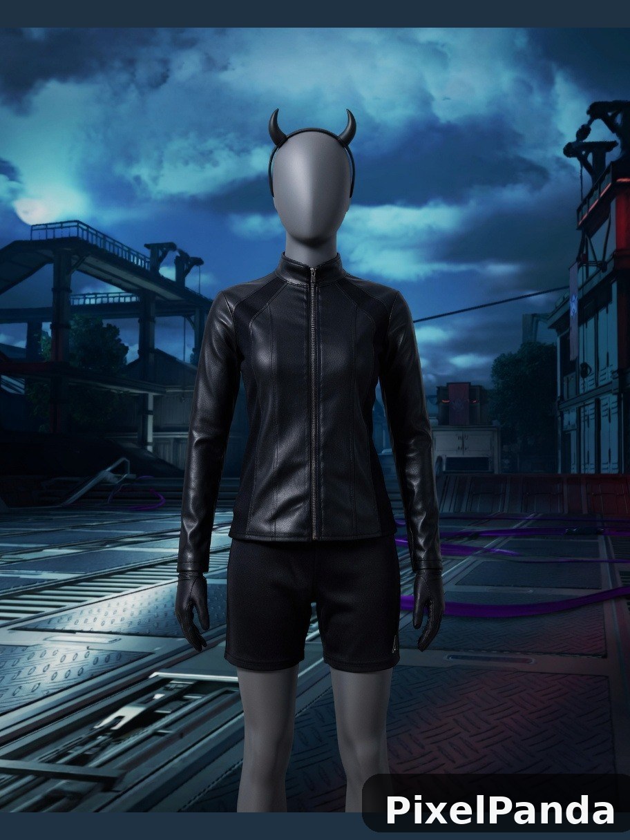 Figure with horned headpiece in black leather jacket in industrial yard