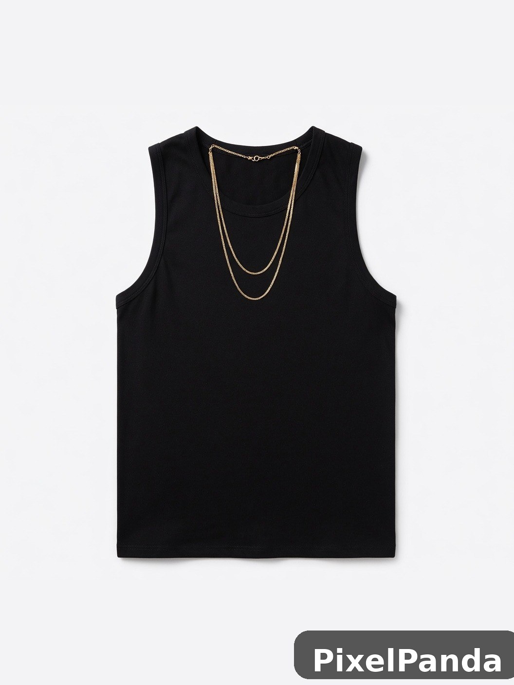 Black sleeveless tank top with layered gold chain necklaces