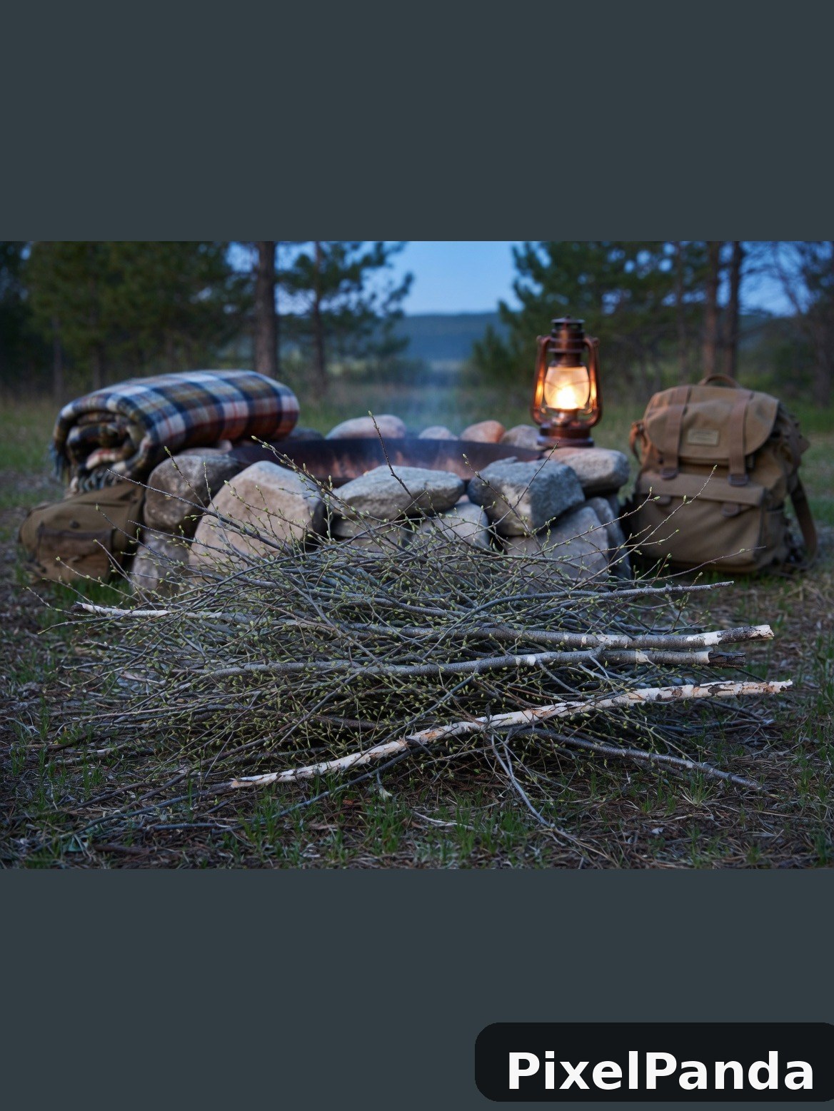 Campfire setup with lantern and gear in forest clearing