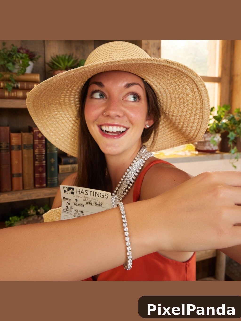 Woman in wide-brimmed straw hat with diamond bracelet indoors