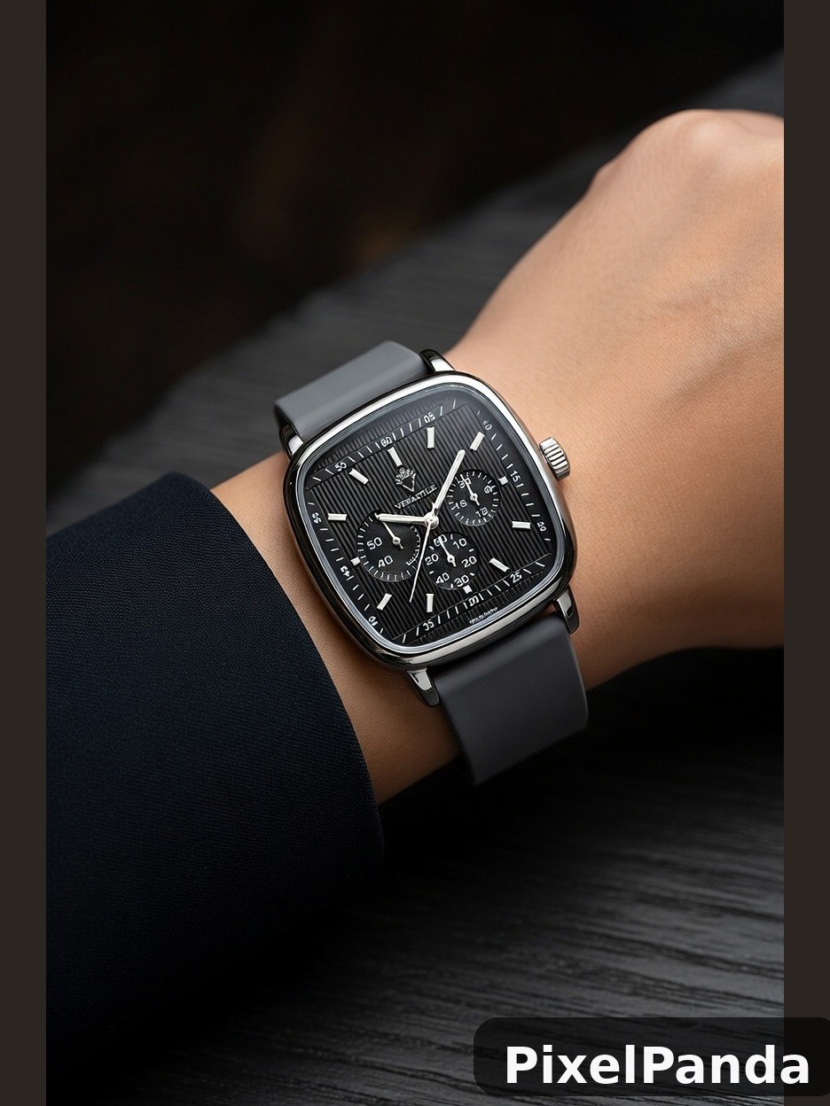 Square chronograph watch with black dial on rubber strap