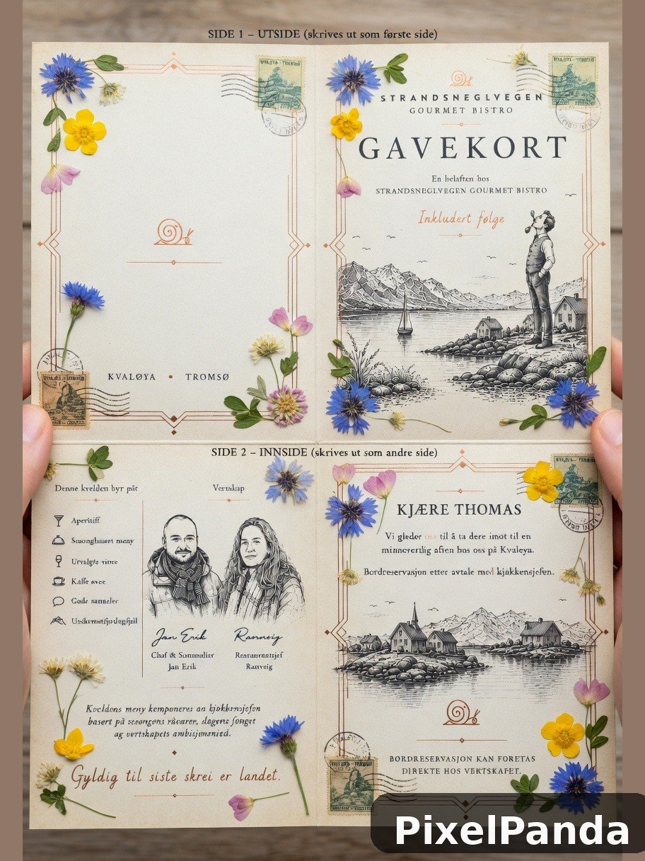 Vintage Norwegian gift certificate with pressed flowers and sketch illustrations
