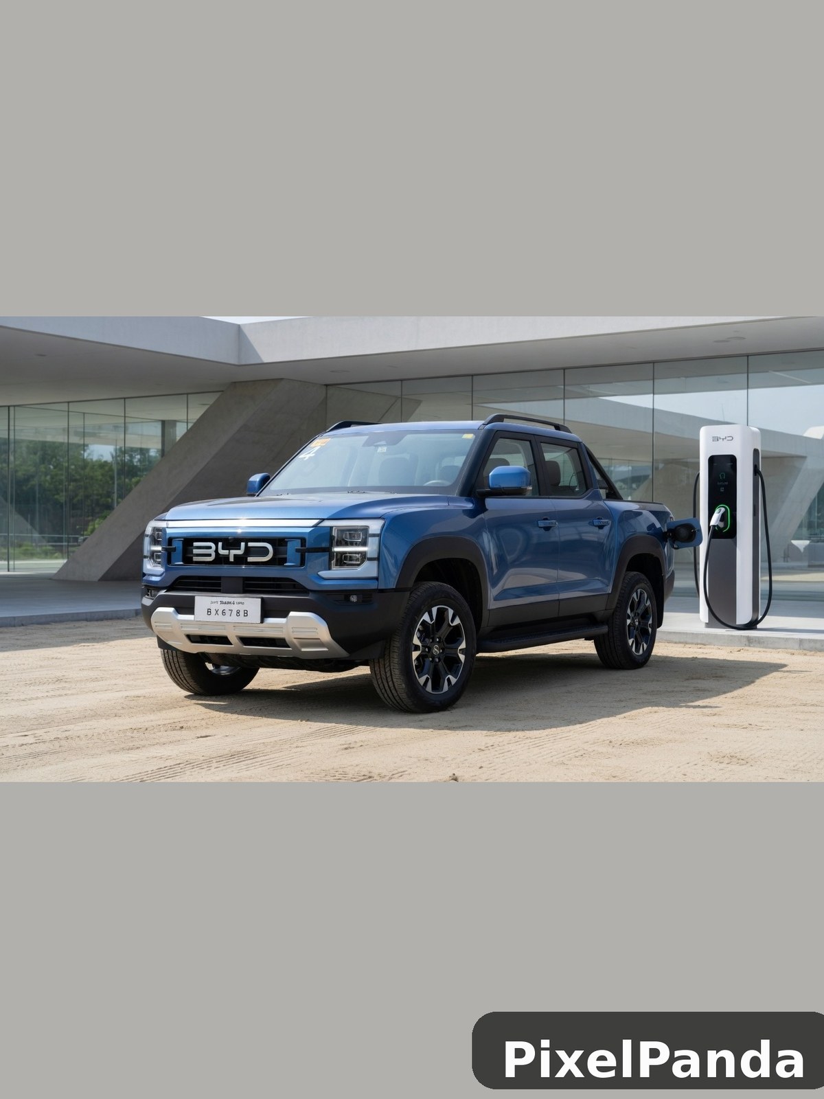 Blue electric pickup truck at charging station outside modern building