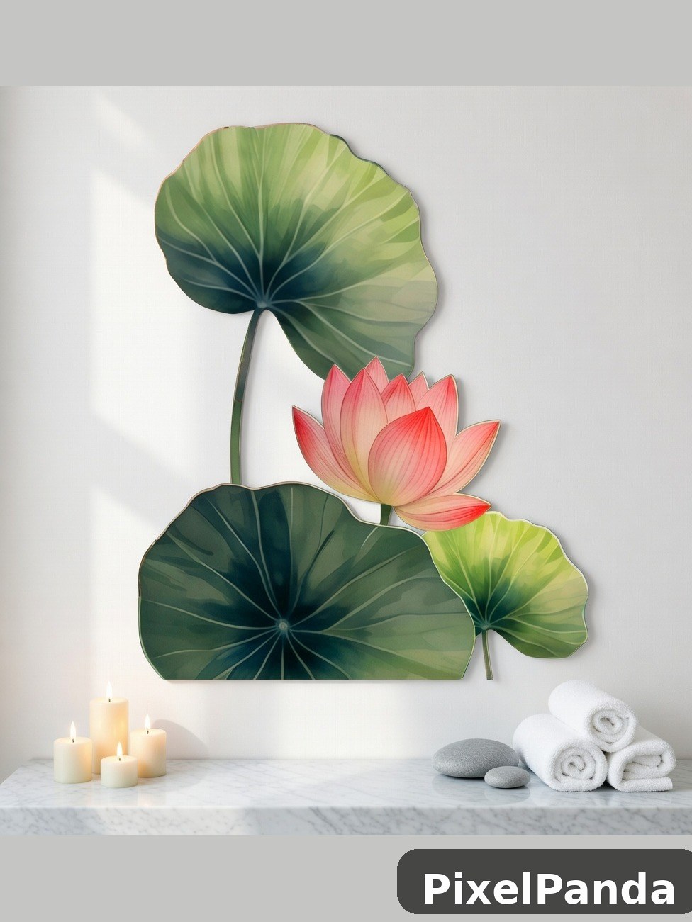 Pink lotus flower with green lily pads on white wall