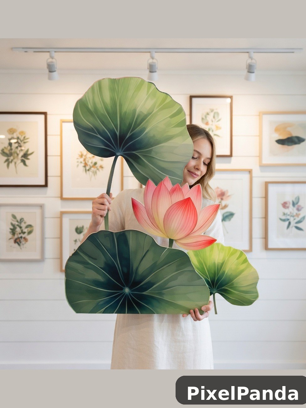 Woman in cream dress holding large lotus flower and green leaves