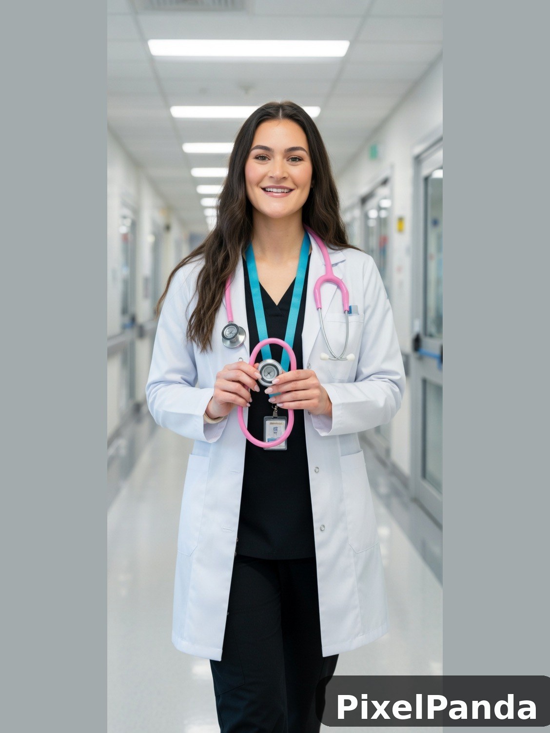 Healthcare professional in white coat with pink stethoscope in hospital corridor