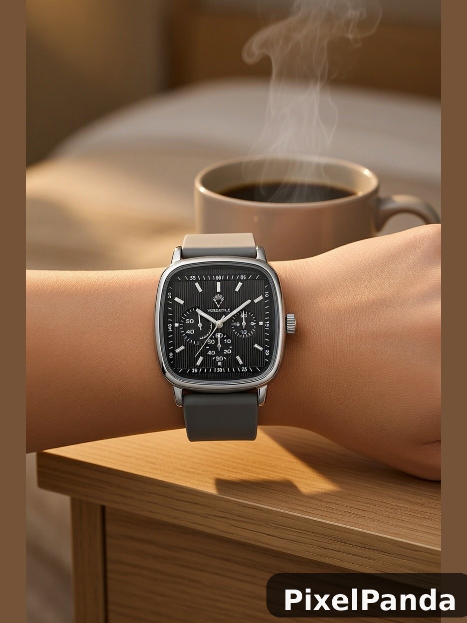 Square chronograph watch with black dial on wrist next to coffee