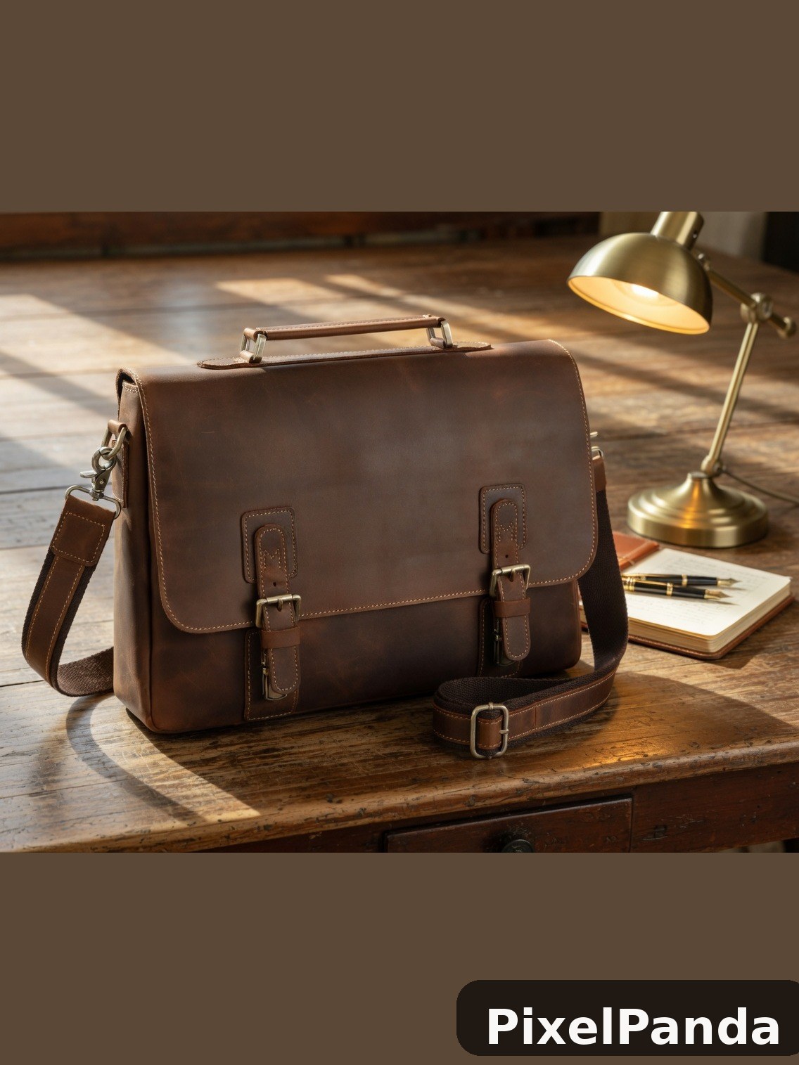 Brown leather satchel on wooden desk with brass lamp