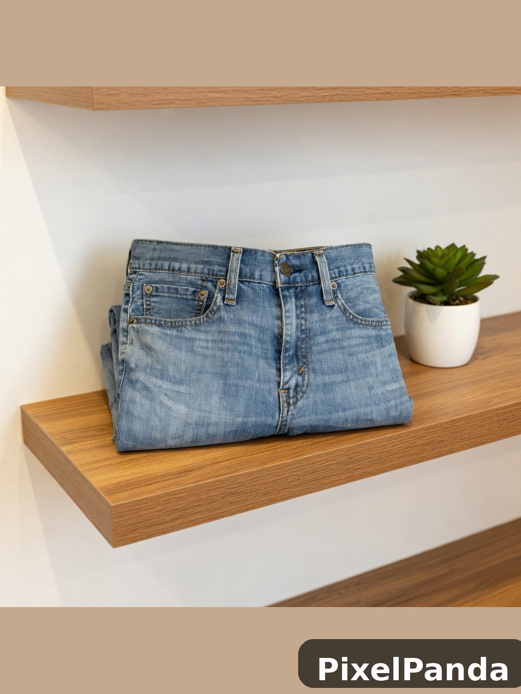 Folded blue jeans displayed on wooden shelf with succulent plant
