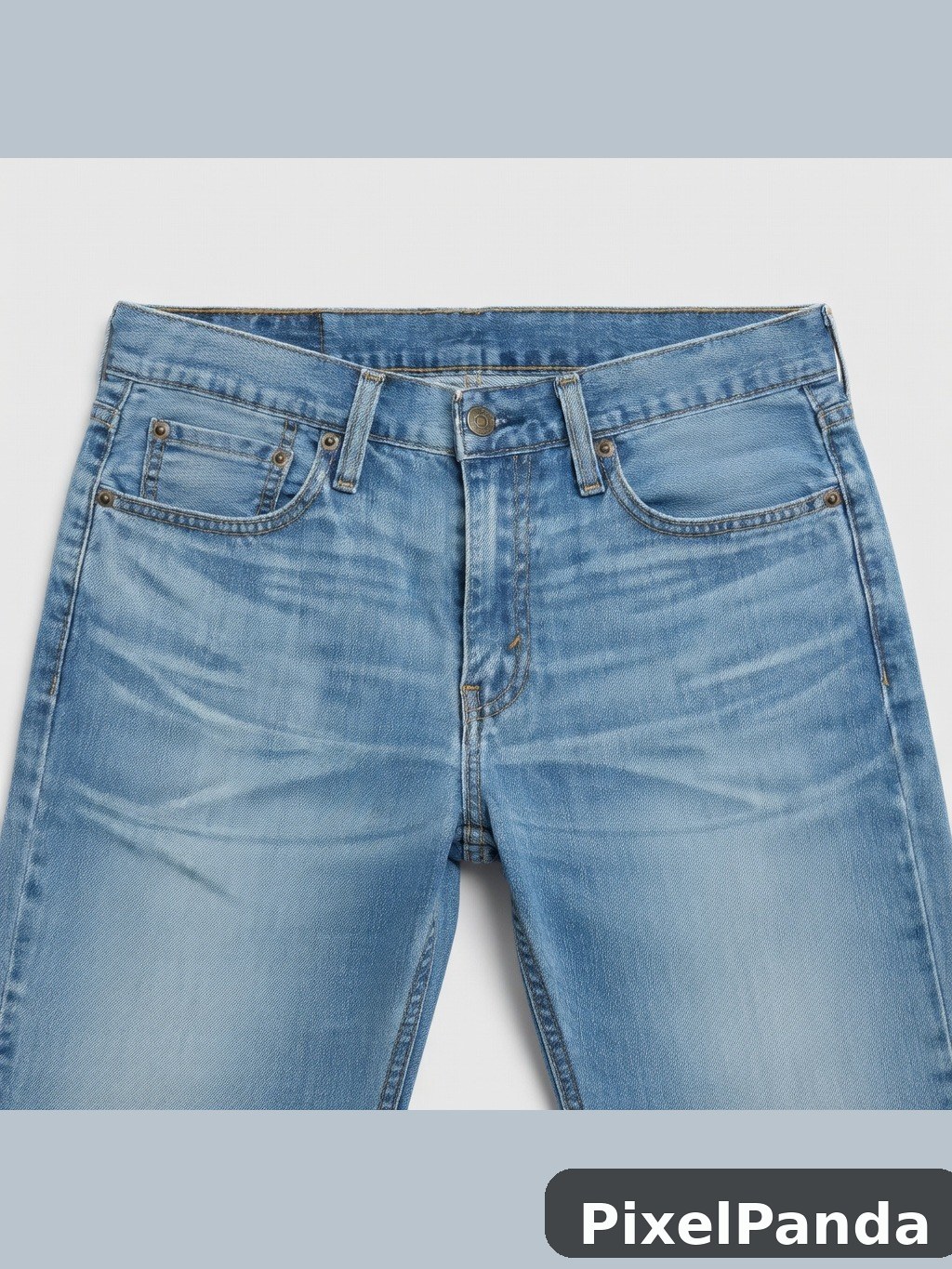 Light wash five-pocket denim jeans flat lay on white background