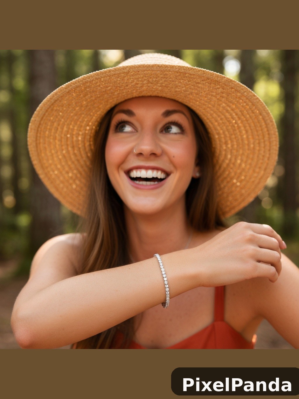 Woman in tan straw hat smiling outdoors with diamond bracelet