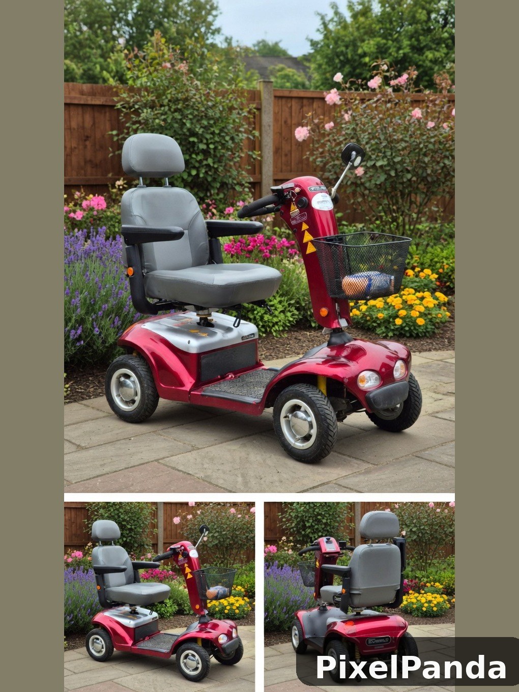 Red mobility scooter in blooming garden setting with flowers