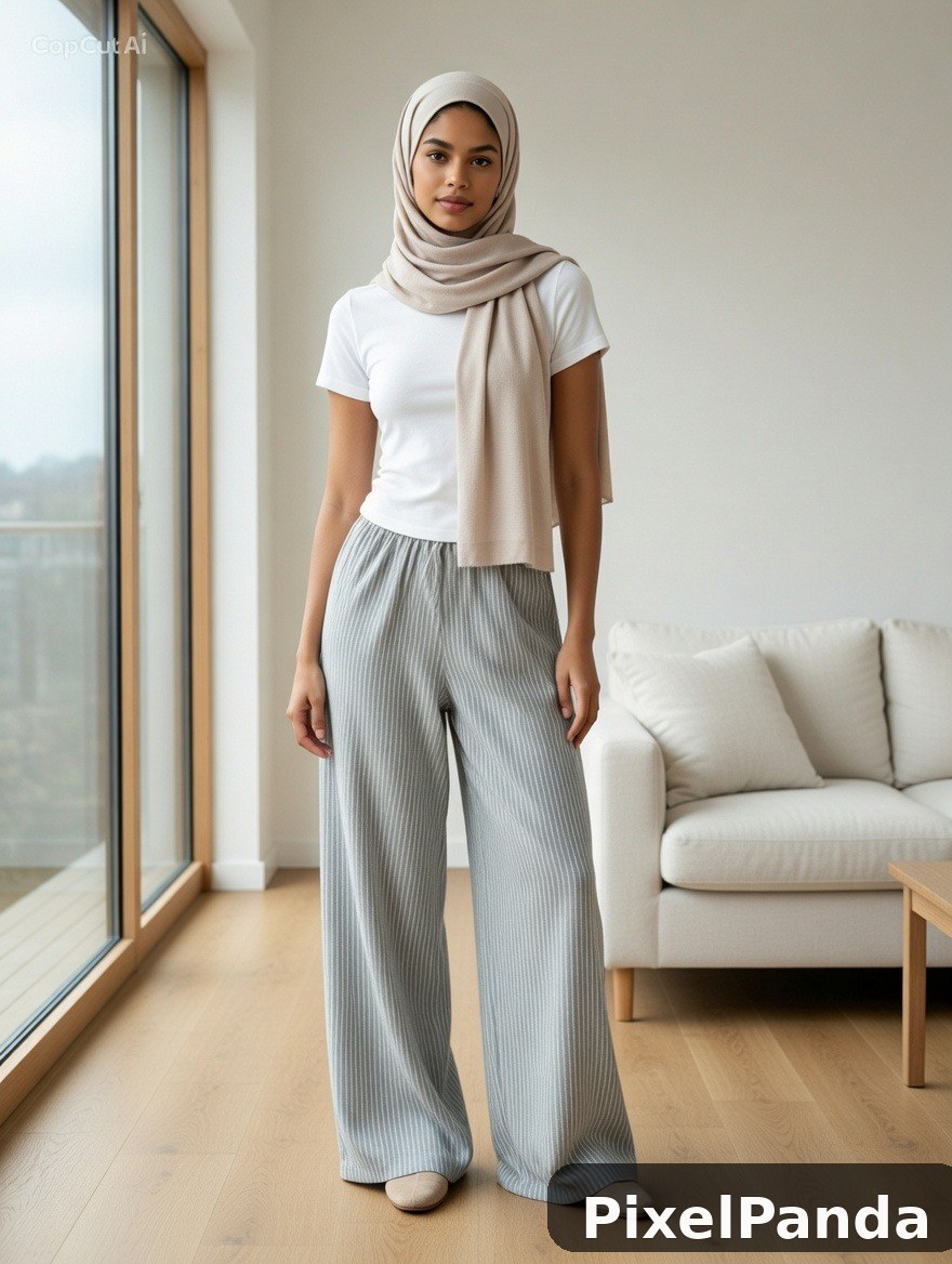 Person wearing beige hijab, white t-shirt, and gray pleated pants