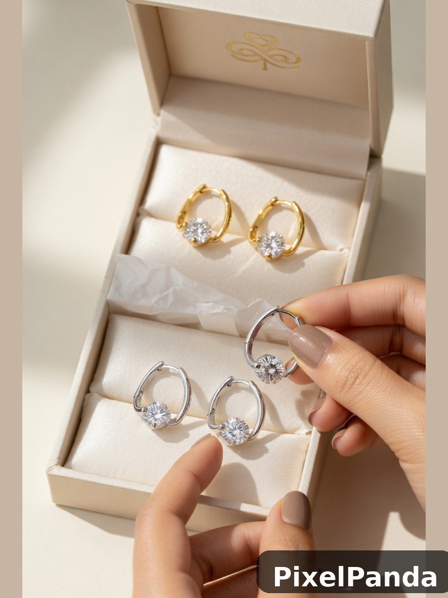 Gold and silver hoop earrings with cubic zirconia stones in cream box