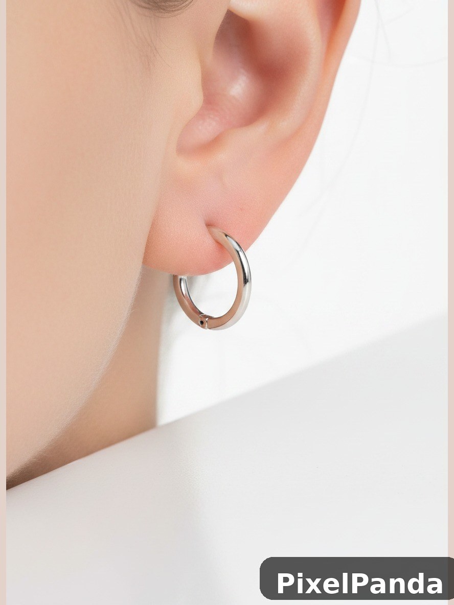 Silver hoop earring on person's ear against white background