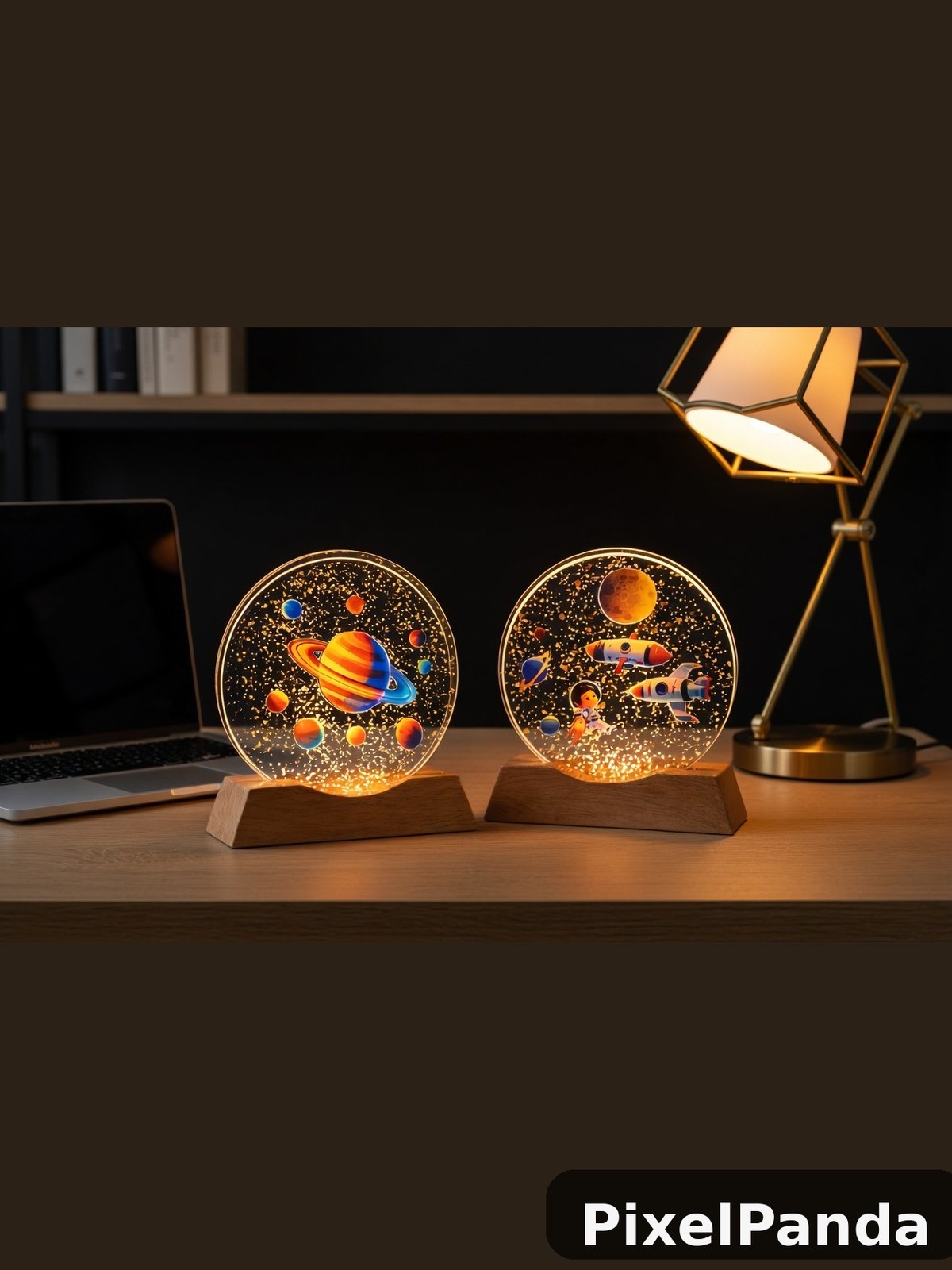 Illuminated space-themed decorative globes on wooden desk