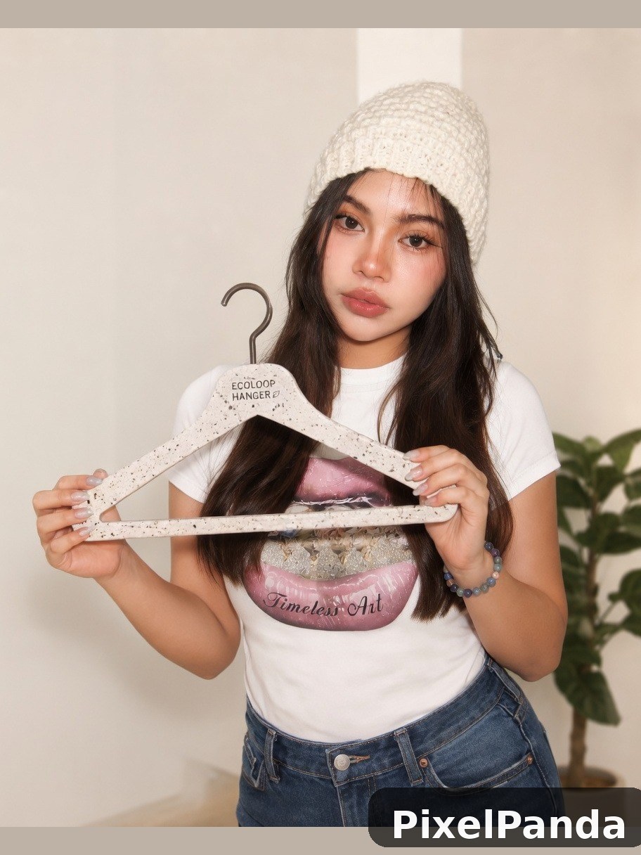 Person in cream beanie holding speckled hanger with graphic tee