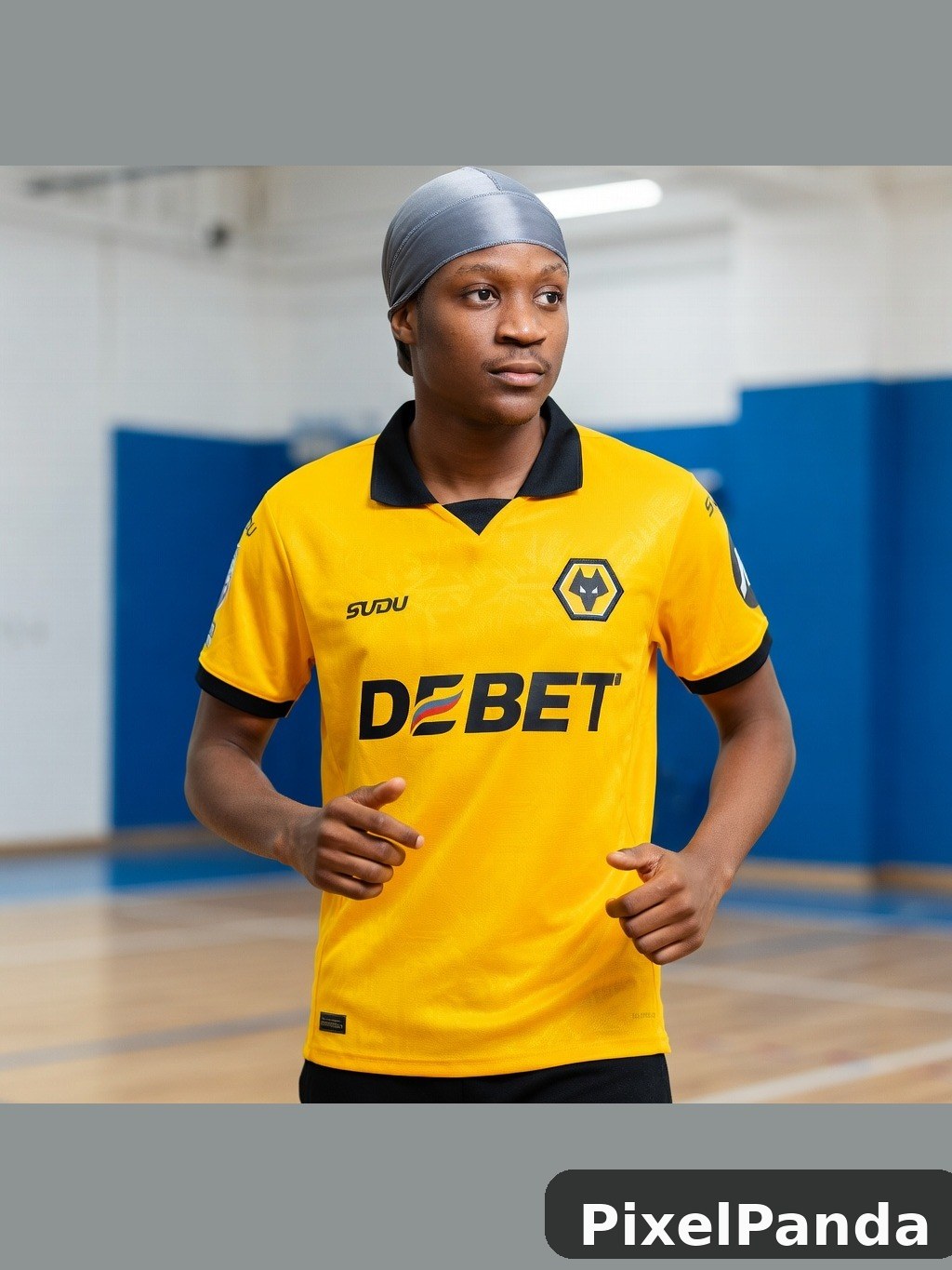 Person in yellow and black sports jersey with headband indoors