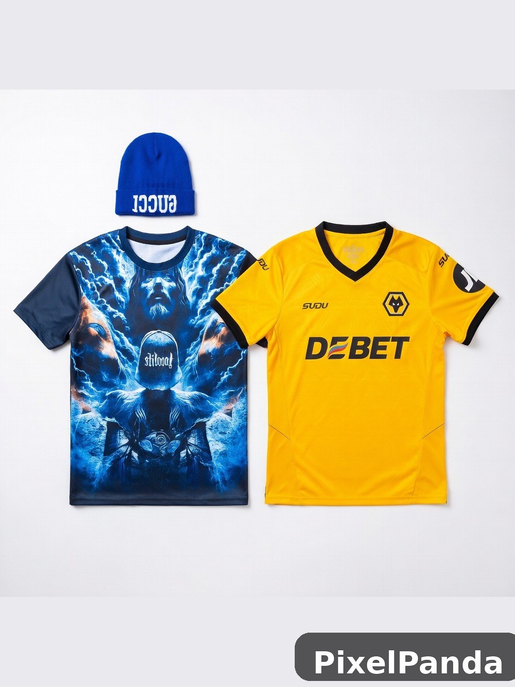 Blue beanie with lightning graphic tee and yellow sports jersey