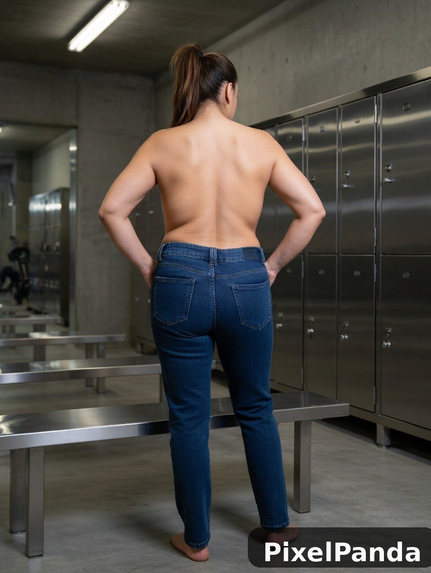 Woman in denim jeans standing in locker room from behind