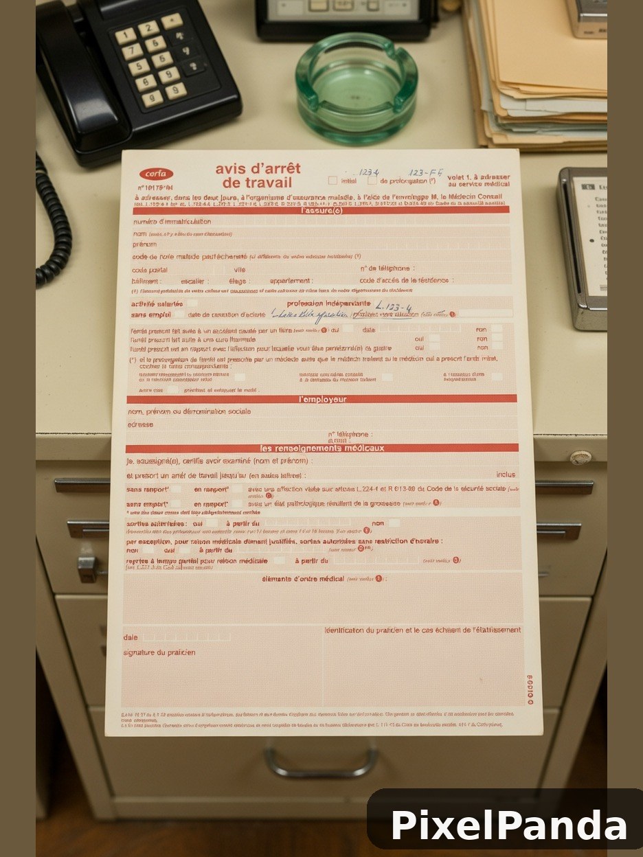 French medical work stoppage form on vintage office desk