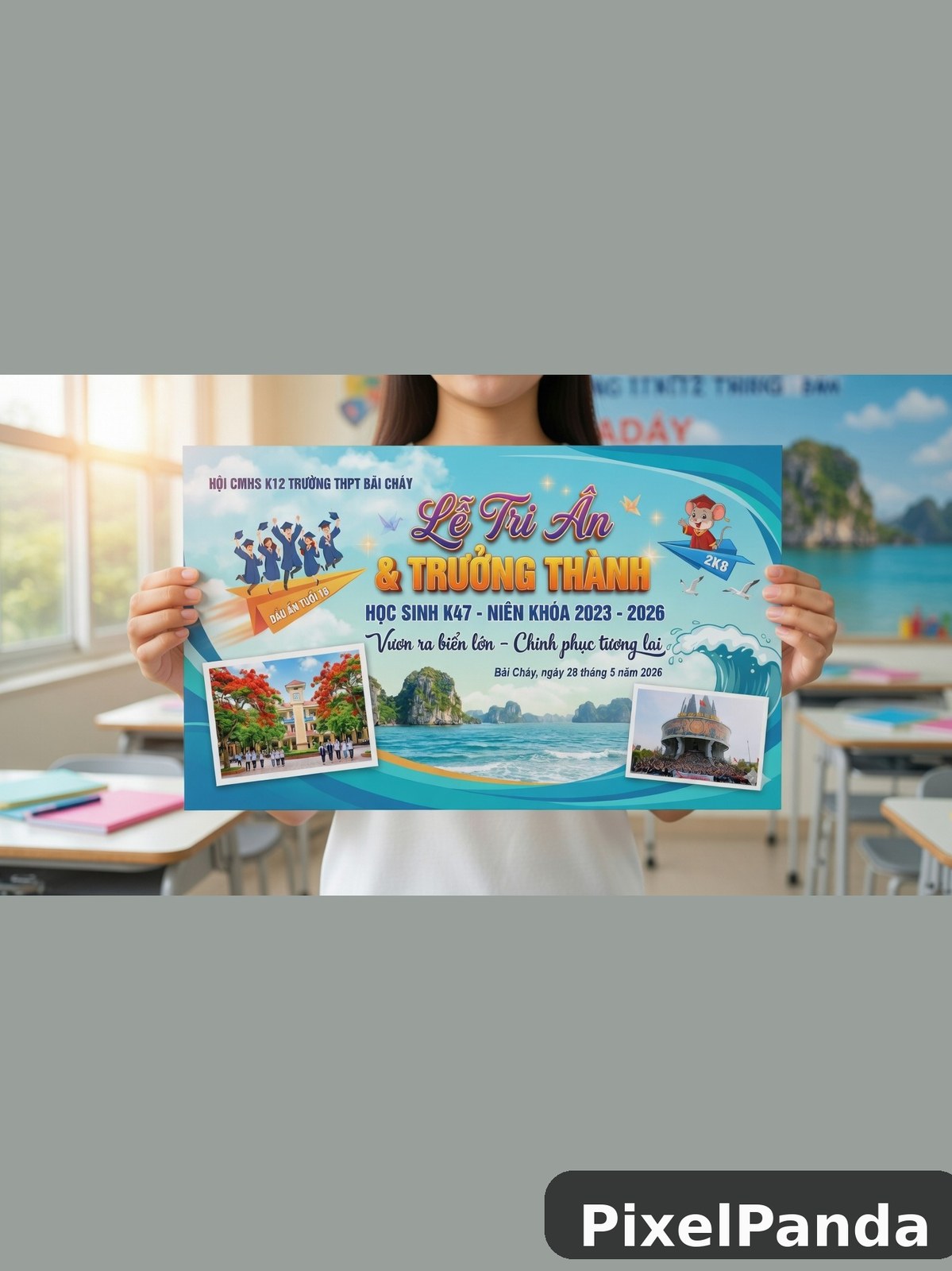 Student holding school event banner with Vietnamese coastal imagery