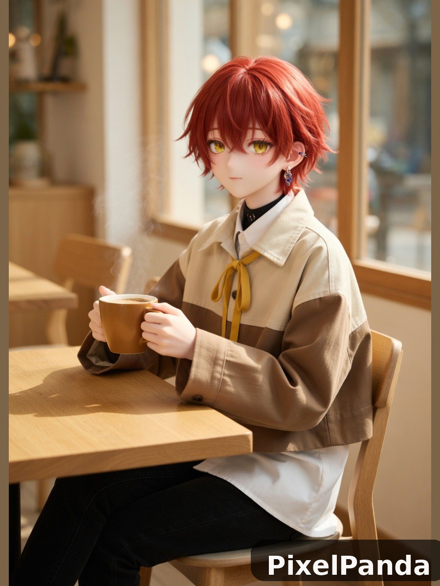 Person with red hair holding coffee cup at wooden table